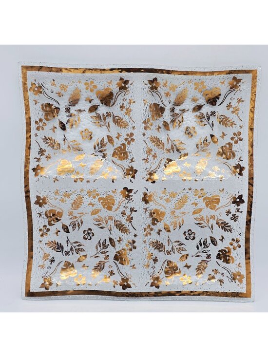 None Other - MCM Golden Foliage Divided Textured Glass Tray 4 Sections Large 16" x 16"
